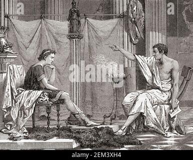 Aristotle tutoring the young Alexander the Great.  Alexander's father, Philip II, King of Macedon, hired the respected Greek philosopher to educate his son.  Alexander III of Macedon, known as Alexander the Great, 356 BC - 323 BC.   Aristotle, 384 BC - 322 BC.   After a 19th century wood engraving. Stock Photo