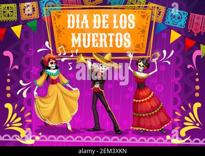Dia de los Muertos skeletons and Catrina dancing on mexican holiday fiesta party in sombrero, suit and dress. Day of the Dead festival and Latin Ameri Stock Vector