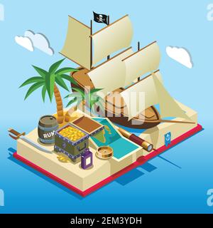 Pirate elements on open book isometric game composition on blue gradient background vector illustration Stock Vector