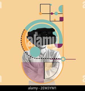 Contemporary art collage. Young girl business woman headed of retro camera on light geometric background. Copy space for text, design, ad. Black and white portrait. Flyer. Square composition. Stock Photo