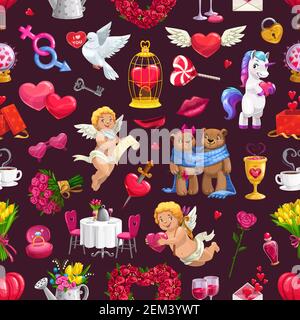 Wedding ceremony, marriage day symbols on seamless pattern. Vector lovely couple of bears, served dining table, dove with Valentines greetings and cup Stock Vector