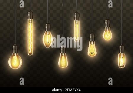 Realistic light bulbs, lamps hanging on wires. Vector vintage retro light bulbs with glowing light, modern LED lamp realistic set, fluorescent yellow Stock Vector