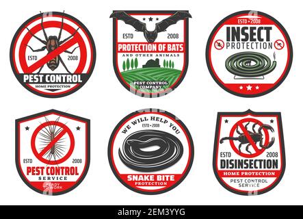 Pest control badges of desinsection and insect protection vector design. Mosquito, fly and flea, cockroach, ant and spider, bat, centipede and scorpio Stock Vector