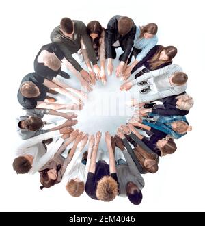 top view . a group of young people joining their palms together Stock Photo