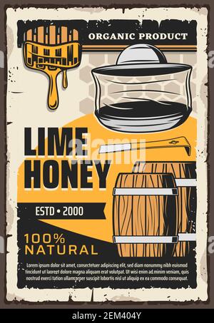 Natural honey production, beekeeping apiary and apiculture farm vintage retro poster. Vector lime flower honey in wooden barrels and dipper spoon with Stock Vector