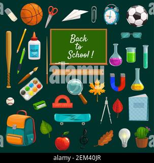 Stationary studying items and back to school lettering on blackboard. Vector physical training lessons equipment, chemistry tubes, physics magnets and Stock Vector