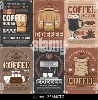 Coffee cups, beans and espresso machine, coffee pot, takeaway paper mug of cappucinno or latte and spices vintage posters. Vector design of cafe, coff Stock Vector