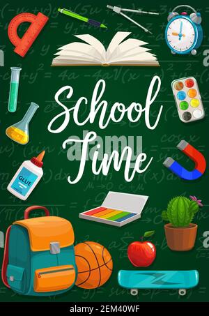 School time inscription on chalkboard with equations, stationery frame. Vector open textbook, compass divider and protractor, clock and paintings. Mag Stock Vector