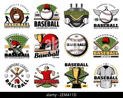 Baseball sport game champion league badges with vector balls, bats and team players. Trophy cups, stadium play fields and catcher glove, pitcher jerse Stock Vector