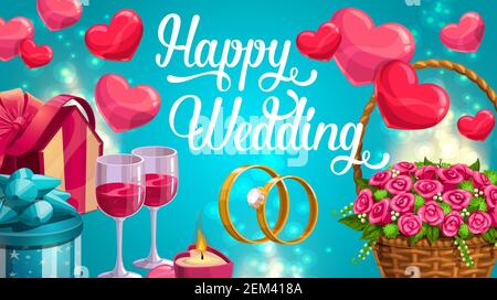 Happy wedding day, invitation card on blurred blue. Vector realistic wineglasses and engagement rings, basket with rose flowers and wrapped presents g Stock Vector