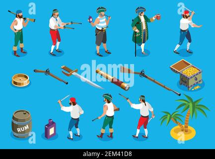Pirates isometric icons with weapons and rum, marine accessories, treasure island, isolated on blue background vector illustration Stock Vector