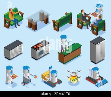 Isometric robotic restaurant industry composition with different elements of robots and kitchens vector illustration Stock Vector