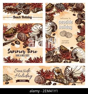 Seashells of sea mollusk with corals vector frame of sketched shells of marine clam, snail, chiton and tusk, scallop, nautilus and cockleshell. Tropic Stock Vector