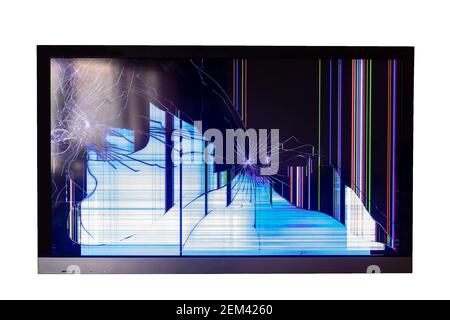 Broken glass plasma TV LCD screen on white isolated background. Stock Photo