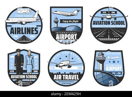 Plane, airport, pilot and flight attendant vector badges of air travel and aviation school design. Airplanes, runway and airline tickets, aircraft cap Stock Vector