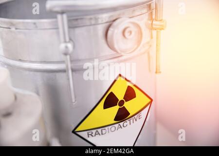 Lead barrel container with nuclear waste, radiation garbage. Stock Photo