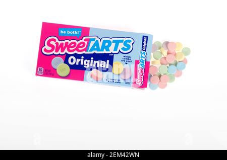 SweeTarts Candy Box opened with candies out on white background Stock Photo
