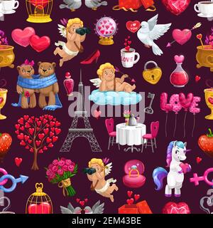 Love and passion holiday attributes, Valentines day seamless pattern. Vector Eiffel Tower, cupids and couple of bears, unicorn and flower bouquets. Ta Stock Vector