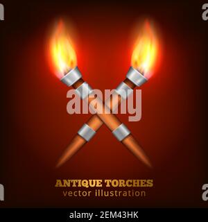 Crossed torches realistic composition with two burning torchlights made of wood and steel with text vector illustration Stock Vector