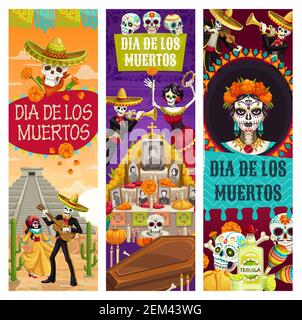 Day of Dead Mexican holiday banners, Dia de los Muertos fiesta celebration. Vector dead woman dance with skeleton playing guitar, calavera skull on ri Stock Vector