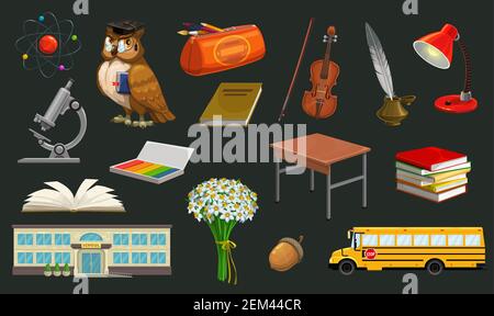Back to school isolated symbols. Vector wise owl in hat with book, microscope and pencil case, bus and daisy flowers bouquet. Open textbook and school Stock Vector