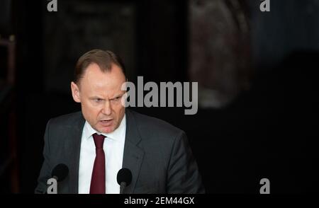 Hamburg, Germany. 24th Feb, 2021. Andy Grote (SPD), Senator of the Interior of Hamburg, speaks during a session of the Hamburg Parliament in the City Hall. Credit: Daniel Reinhardt/dpa/Alamy Live News Stock Photo