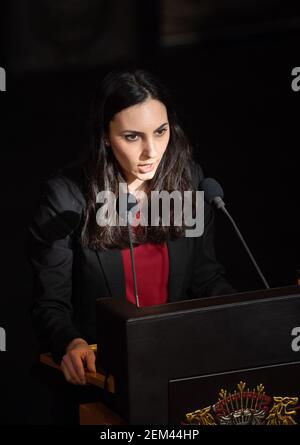 Hamburg, Germany. 24th Feb, 2021. Sina Aylin Demirhan (Bündnis 90/Die Grünen) speaks during a session of the Hamburg Parliament in the City Hall. Credit: Daniel Reinhardt/dpa/Alamy Live News Stock Photo