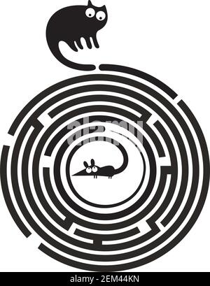Funny cat and mouse in round maze Stock Vector