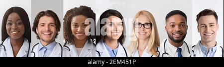 Diverse Doctors Portraits In Collage, Happy Medical Workers Headshots Row Stock Photo