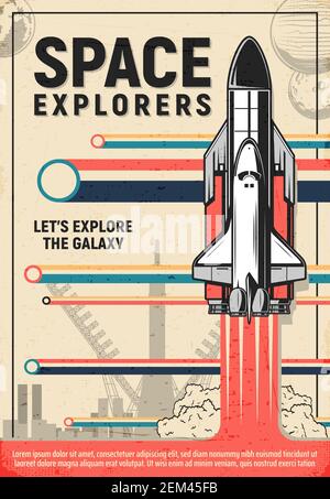 Space rocket launch poster of galaxy explorers and astronomy science. Vector shuttle or spaceship liftoff from launch pad of spaceport or cosmodrome w Stock Vector