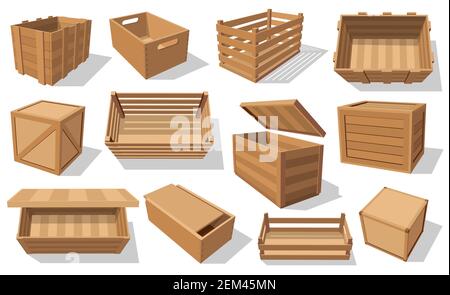 Wooden boxes and parcels isolated icons. Vector pallets and fruits and vegetables transportation containers, drawers and empty wood crates, cargo dist Stock Vector