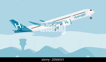 Aircraft powered by hydrogen. Vector illustration Stock Vector