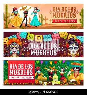 Dia de los Muertos, Mexican day of dead celebration. Vector dancing skeletons on graveyard, calavera skulls or catrina heads. Man in sombrero and woma Stock Vector