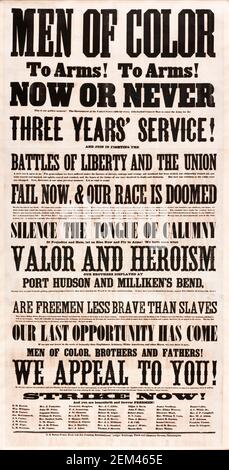 US Army Recruitment poster calling for 'Men of Color' to enlist for the American Civil War (1861-1865), poster written by Frederick Douglass, 1863 Stock Photo