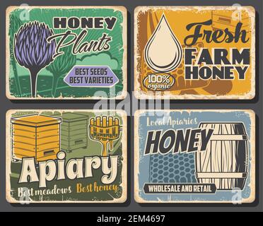 Honey of beekeeping farm, apiary honeycombs and beehives, vector food. Bee plants, clover flower nectar, wooden hives, barrel and dipper with honey dr Stock Vector