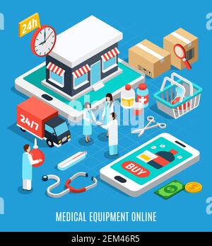 Ordering medical equipment online isometric concept on blue background 3d vector illustration Stock Vector