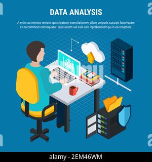 Data analysis isometric background with man sitting in office and working at computer with cloud storage vector illustration Stock Vector