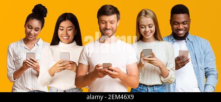 Five Diverse People Using Smartphones Standing Over Yellow Background, Collage Stock Photo