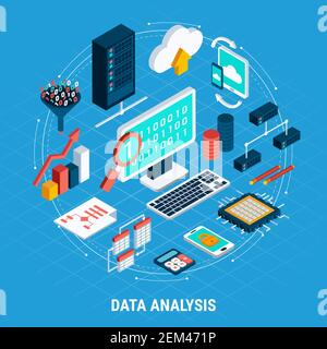 Data analysis isometric icons set of digital volume network exchange cloud storage related database tables vector illustration Stock Vector