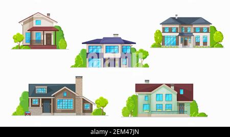 Real estate building vector icons of residential houses, homes and cottages, bungalows, townhouses, villas and mansions. Village and town two storey h Stock Vector