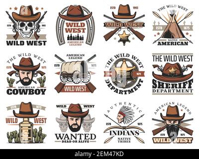 Wild West cowboy skull and sheriff with hat and gun vector icons. Western bandits, ranger stars and indian chief, native american arrows and bow, hors Stock Vector