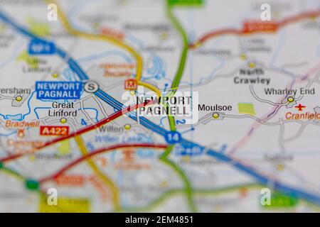 Newport Pagnell shown on a road map or geography map Stock Photo