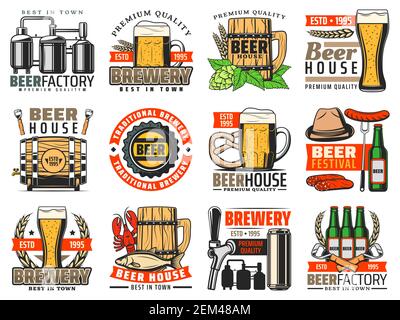 Beer brewery, craft pub and bar vector icons. Alcohol drink barrel, mugs, bottles and glasses of ale and lager, tap, can and brewing tanks, barley, wh Stock Vector