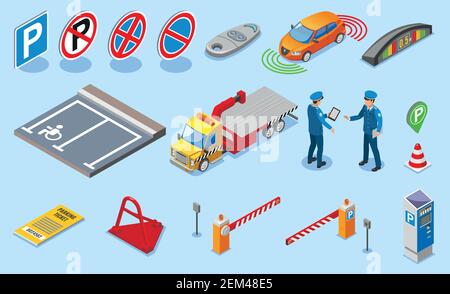 Isometric parking icon set with different isolated elements to create parking and attributes to it vector illustration Stock Vector