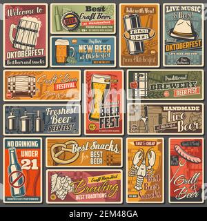 Beer alcohol drink retro posters of bar, pub and Oktoberfest beverage vector design. Glasses and mugs with foam, pint, bottles and brewery barrels of Stock Vector