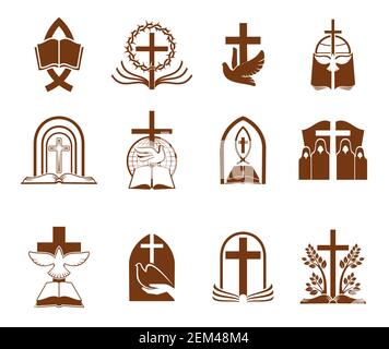 Christian religion vector icons with crosses, bibles and doves of God. Jesus Christ crucifix, prayer or priest, holy book, tree of life, thorn wreath Stock Vector