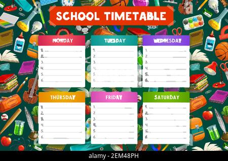 School timetable vector template with weekly schedule of student lessons with education supplies. Study plan or daily planner chart on background with Stock Vector