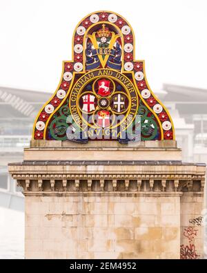 The London, Chatham and Dover Railway crest on the southern abutment of Blackfriars railway bridge in London. Built 1862-1864 by Joseph Cubitt Stock Photo