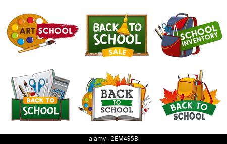 School supplies vector icons of Back to School and education design. Student book, backpack and chalkboard, notebook, pencil and globe, pupil statione Stock Vector