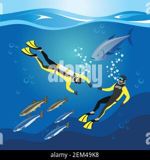 Underwater depths research, divers with scuba equipment and fishes, composition on blue background, isometric vector illustration Stock Vector